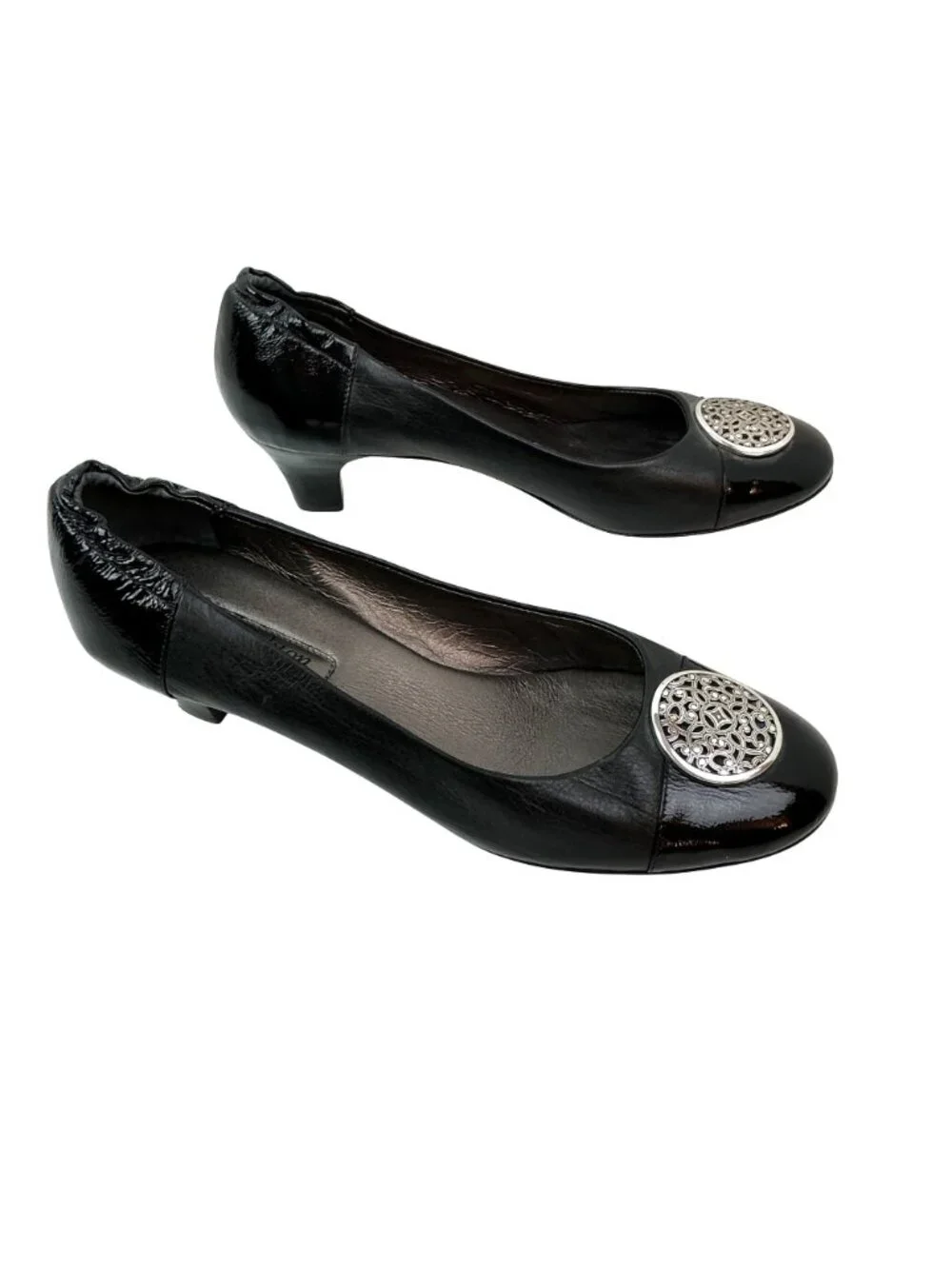Brighton Marci Medallion Leather Kitten Herl Pumps Womens 9M Black Bench Made In